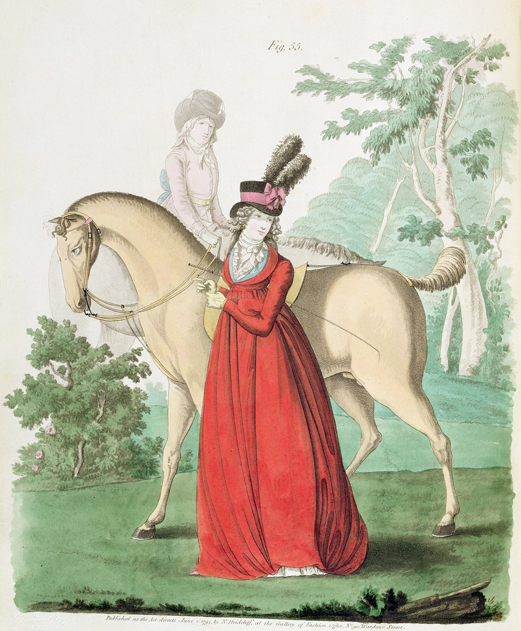 从尼古拉斯·海德罗夫的时尚画廊，第二卷，1795年6月骑马穿着骑马的女士（打印） 作者 尼古拉斯·冯·海德洛夫