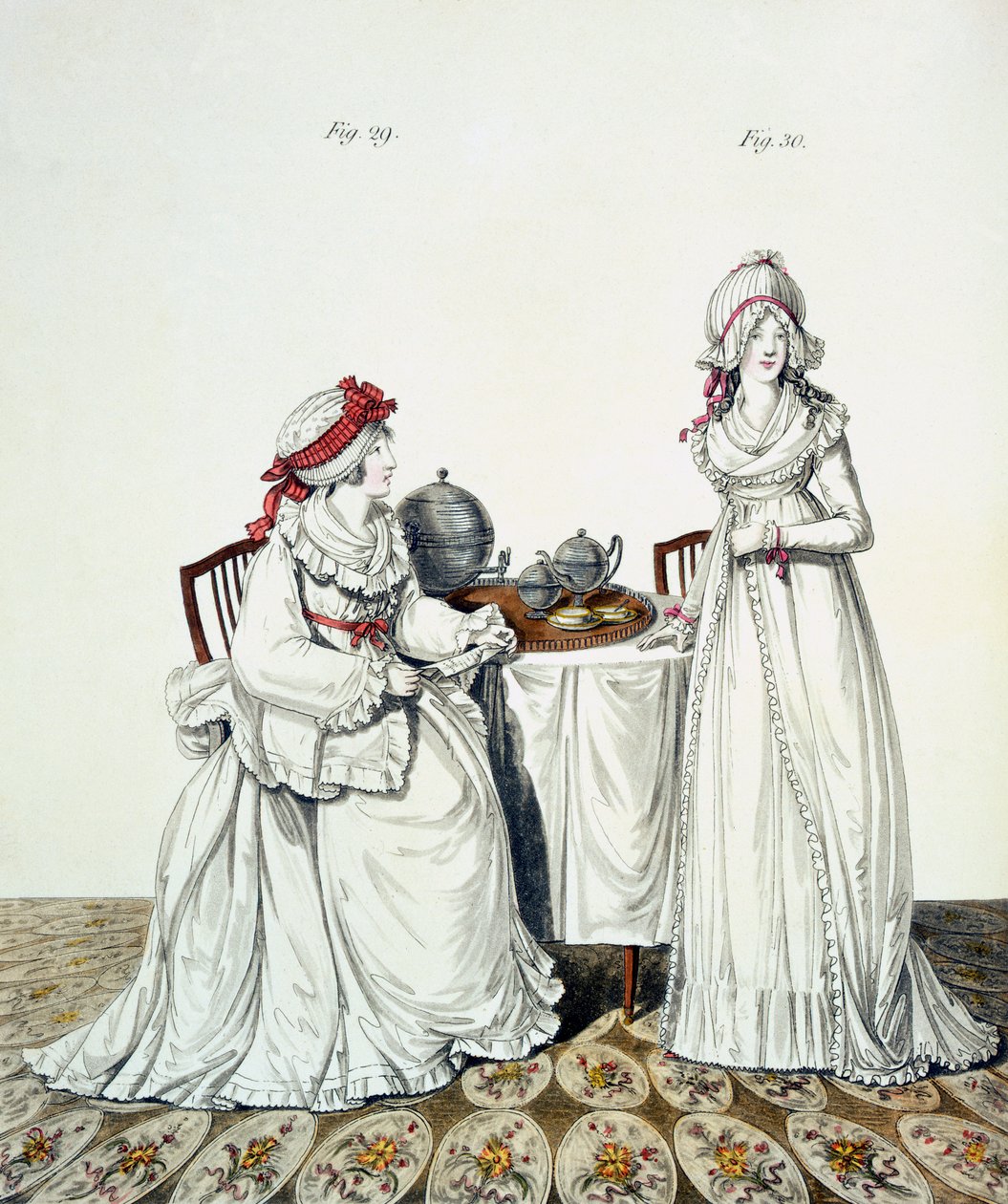 两位女士在他们的更衣室吃早餐，戴着夜礼帽和peignoirs，来自Nikolaus Heideloff的“时尚画廊”，Vol I，1794年11月 作者 尼古拉斯·冯·海德洛夫