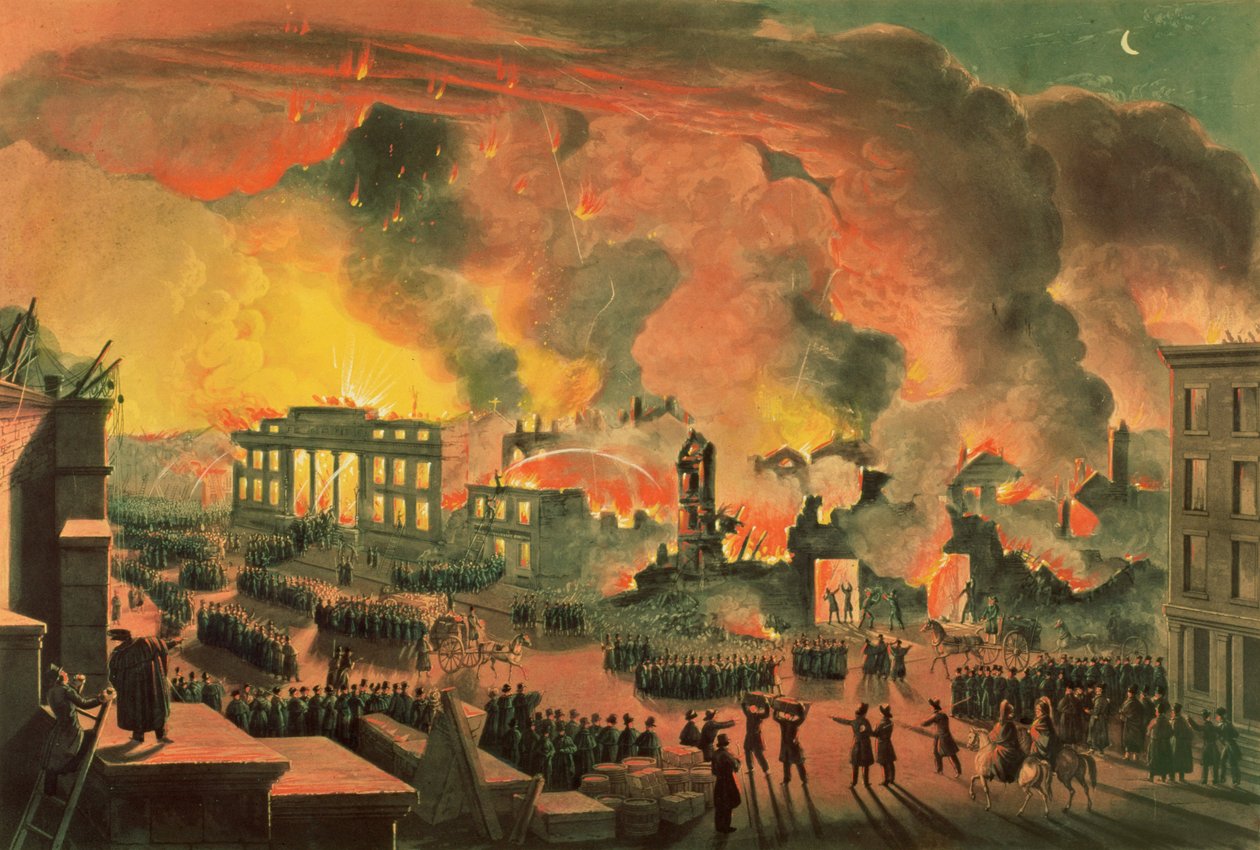 1835年12月16日至17日在纽约大火的视图，由威廉詹姆斯贝内特（1787-1844）刻（彩色雕刻） 作者 尼科利诺·卡尔约（Nicolino Calyo）