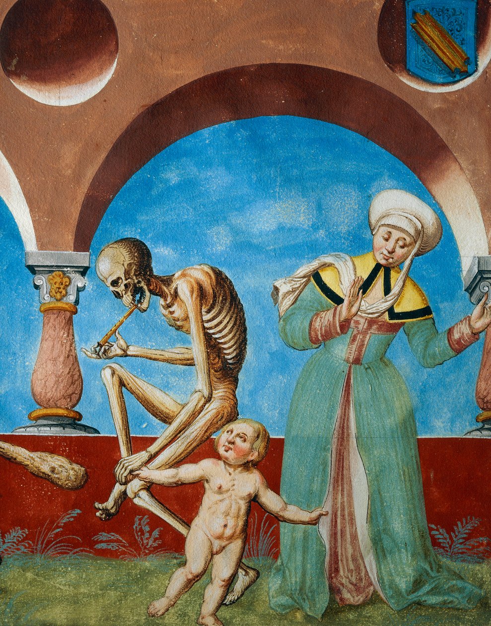 死亡将孩子从母亲身边拉出，阿尔布雷希特·考夫 (Albrecht Kauw) 的《死亡之舞》中的死亡、白痴和母亲与孩子的细节 作者 尼克劳斯·曼努埃尔（Niklaus Manuel）