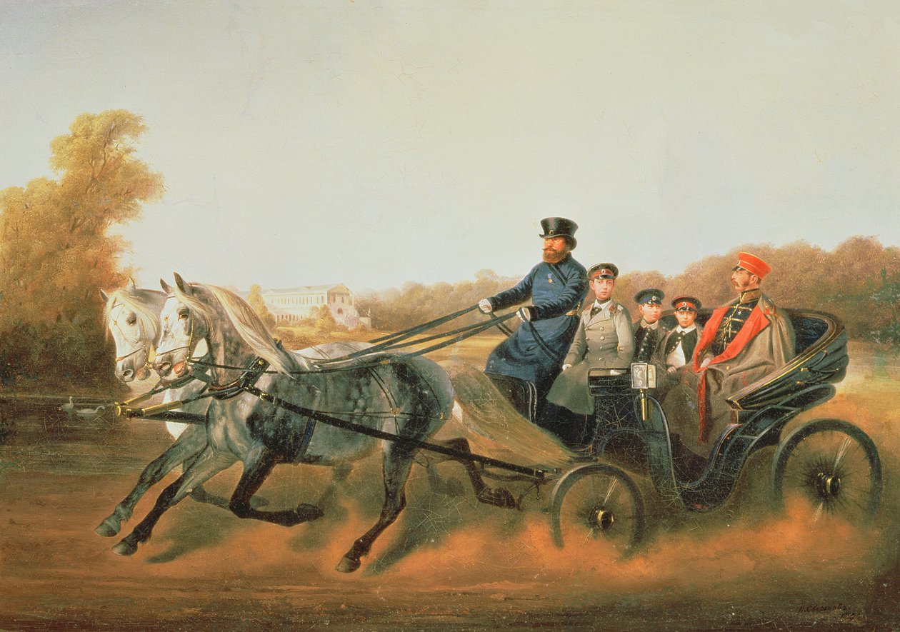 沙皇亚历山大二世（1818-81）与他的儿子一起驾驶Zarskoje Selo，1850年代 作者 尼古拉·叶戈列维奇·斯维尔奇科夫