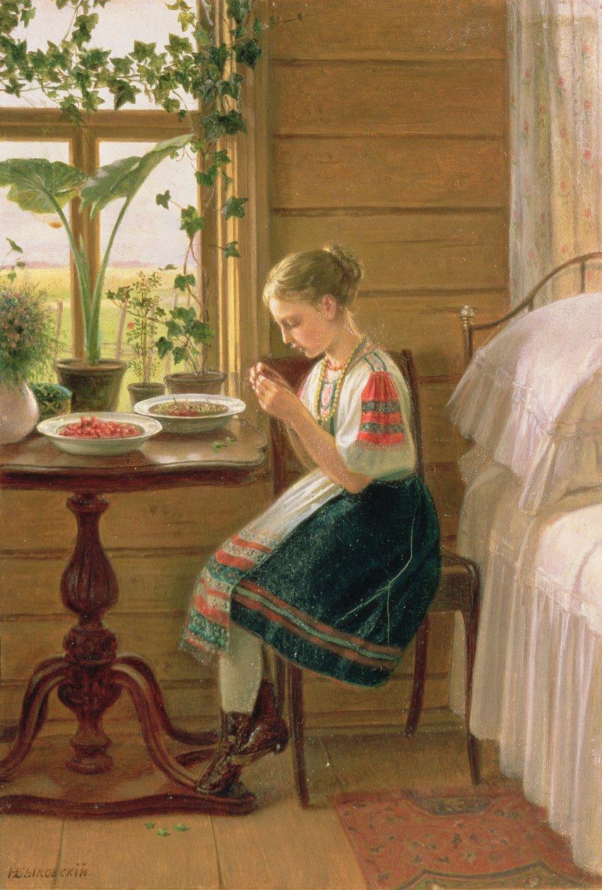 女孩削皮浆果，1880年 作者 尼古拉·米哈伊洛维奇·比科夫斯基