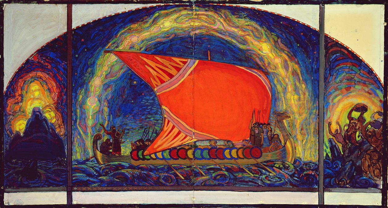 Kalevipoegs帆船`飞机，1910年（纸上的蛋彩画和蜡笔） 作者 尼古拉·特里克（Nikolai Triik）