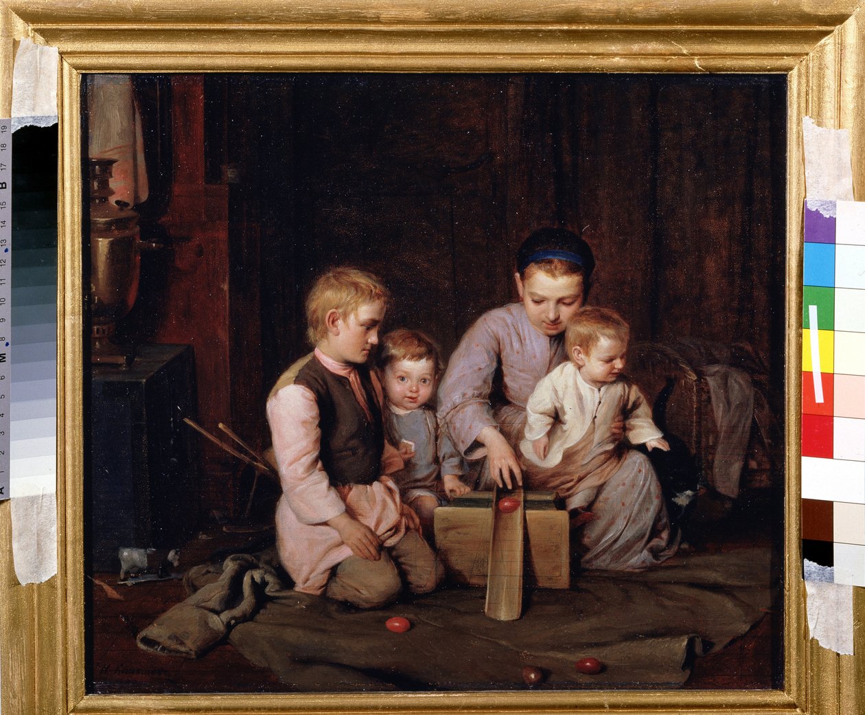 Jeux des oeufs de Paques (Easter Egg Games). Quatre enfants jouent a faire glisser des oeufs de bois dans une rigole en bois, installes sur un manteau, etale sur le sol de la maison. Peinture de Nikolai Andreevitch Kocheliov (1840-1918), huile sur toile 作者 尼古拉·安德烈耶维奇·科切廖夫