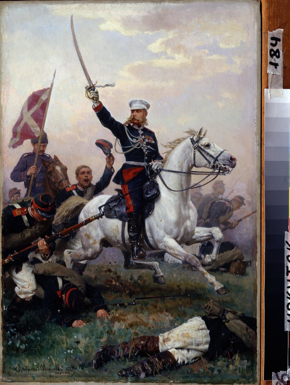 俄土战争（1877-1878 年）：1877 年希普卡山口战役中骑马的米哈伊尔-F-斯科别列夫将军（1843-1882 年）（骑马的米哈伊尔-F-索别列克将军）--尼古拉-德米特里耶维奇-德米特里耶夫-奥伦堡斯基（Dmitriev-Oren）的画作 作者 尼古拉·德米特里耶维奇·德米特里耶夫·奥伦堡斯基