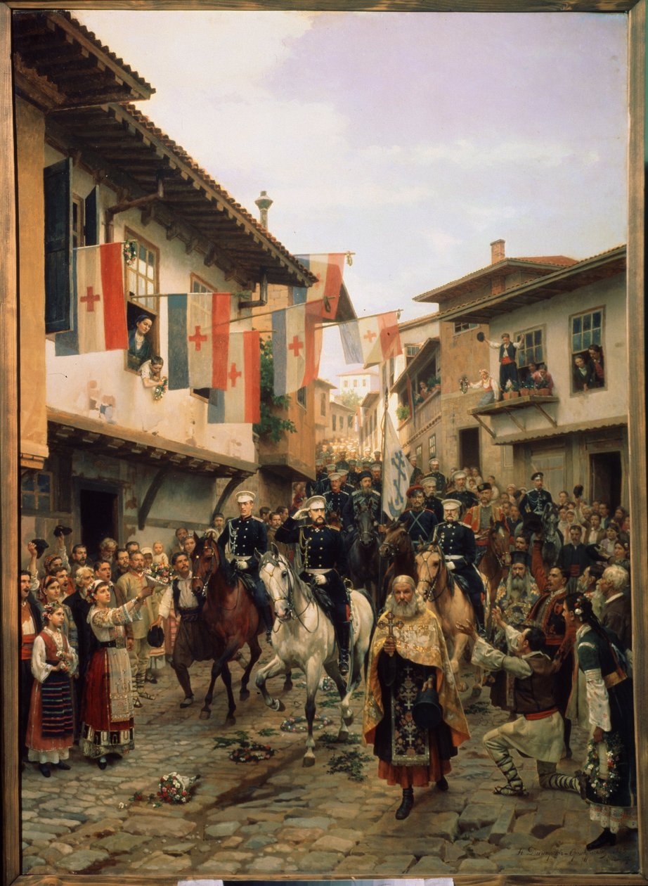 1877-1878 年俄土战争："俄国大公尼古拉-尼古拉耶维奇（老尼古拉-尼古拉耶维奇）（1831-1891 年）于 1877 年 6 月 3 日在保加利亚的大塔尔诺沃"，尼古拉-德米特里耶维奇-德米特里耶维奇-奥伦堡斯基（Nikolai Dmitrievich Dmitriev Orenburgski，D-1891 年）绘制。 作者 尼古拉·德米特里耶维奇·德米特里耶夫·奥伦堡斯基