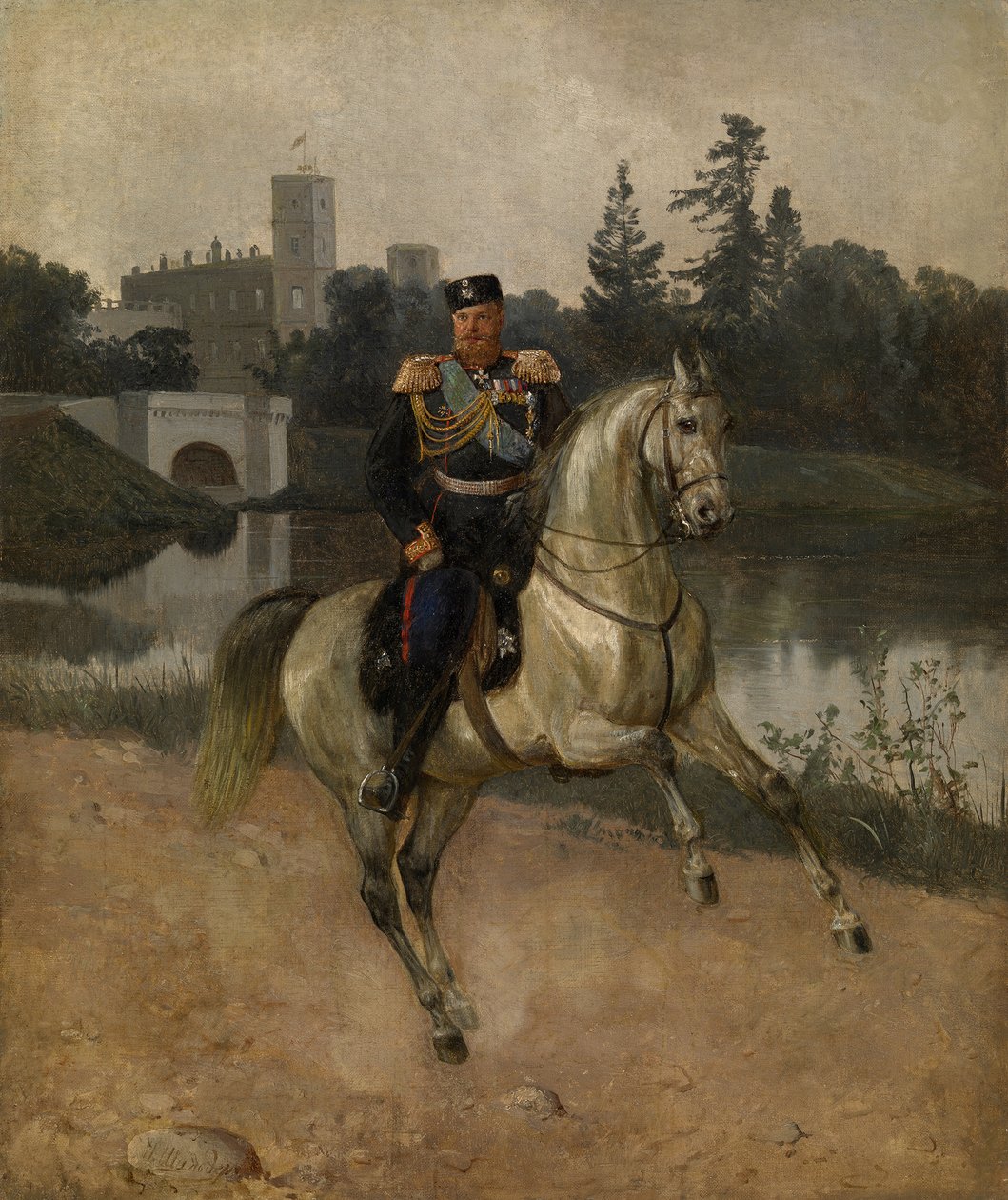 亚历山大三世皇帝1845-1894年在加特契纳的马术画像 作者 尼古拉·古斯塔沃维奇签名