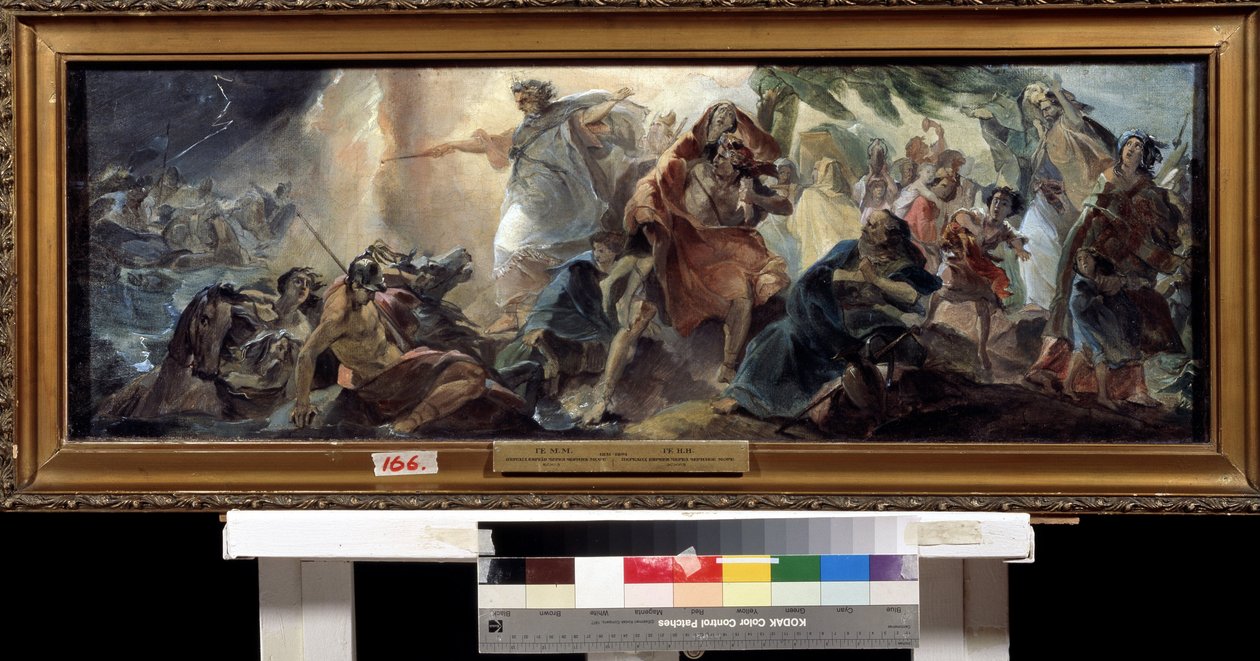 以色列人穿越红海》（Les juifs traversant la Mer Rouge）。尼古拉-尼古拉耶维奇-格（盖伊）（1831-1894 年）的画作，纸上水彩，俄罗斯艺术。国家艺术博物馆，哈尔科夫（乌克兰）。 作者 尼古拉·尼古拉耶维奇·盖伊