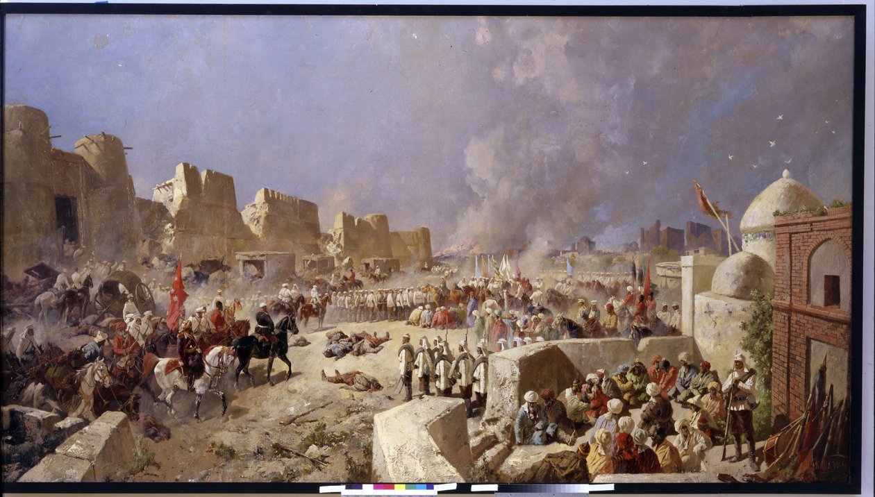 俄军入侵撒马尔罕（乌兹别克斯坦）。在俄国向中亚扩张期间，俄国人于 1868 年占领了撒马尔罕。尼古拉-尼古拉耶维奇-卡拉辛（1842-1908 年）的画作，1888 年布面油画。艺术 作者 尼古拉·尼古拉耶维奇·卡拉辛