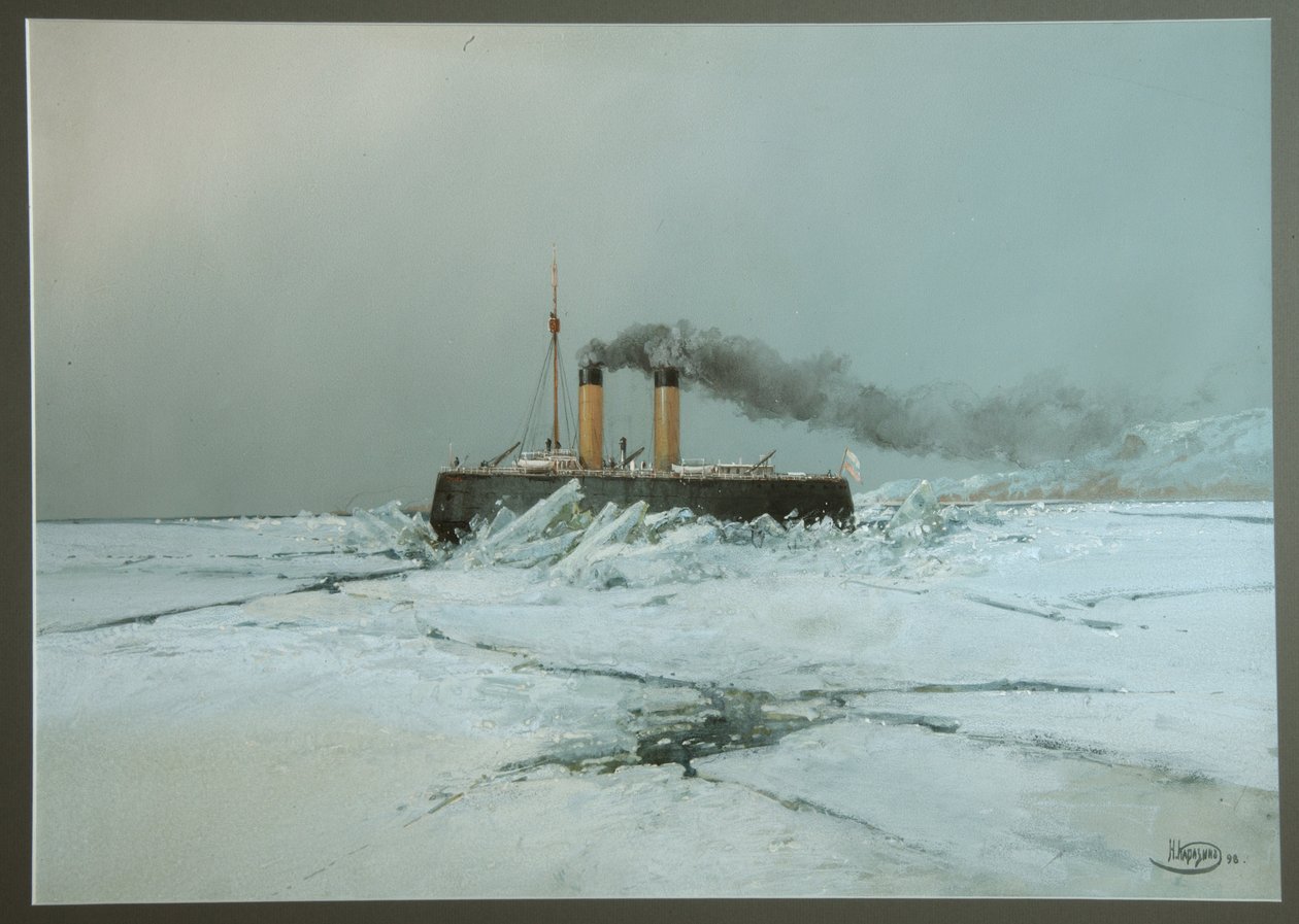 Le navire brise glace russe Iermak (Icebreaker Yermak) - Oeuvre de Nikolai Nikolayevich Karasin (1842-1908), aquarelle et blanc sur papier (45.4x76 cm) 作者 尼古拉·尼古拉耶维奇·卡拉辛