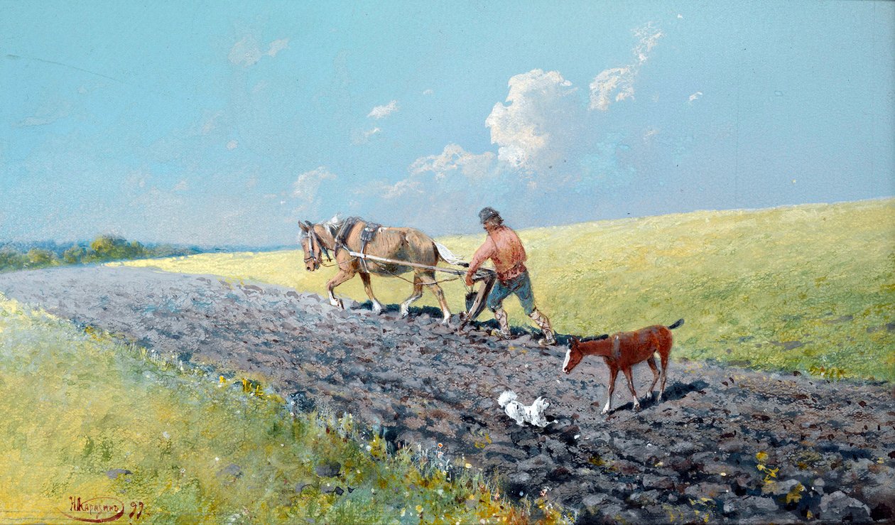 “犁地” 农民犁地，俄罗斯 尼古拉·尼古拉耶维奇·卡拉辛 (1842-1908) 1899 年绘画 尺寸 16.5x27.5 厘米 私人收藏 作者 尼古拉·尼古拉耶维奇·卡拉辛