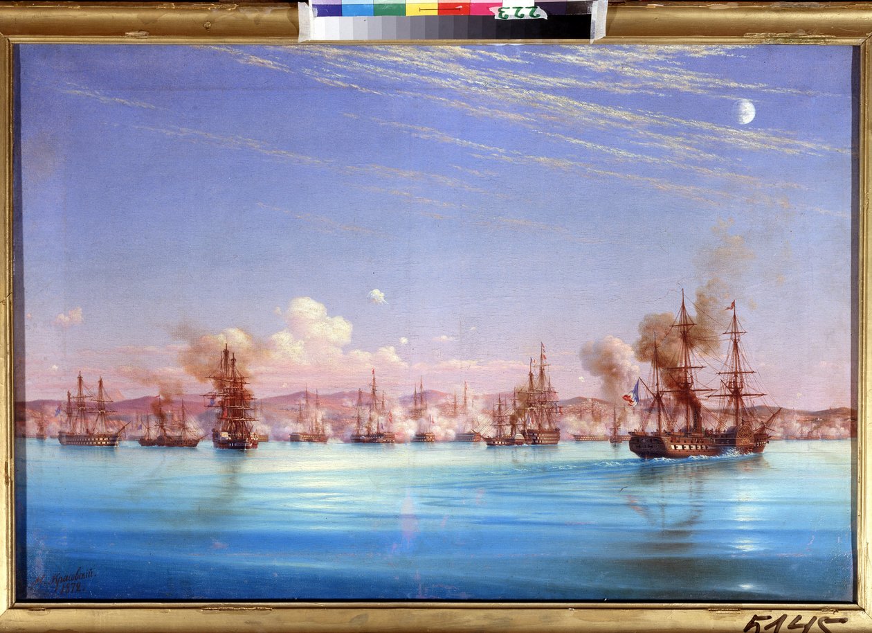 1854年英法中队轰炸塞瓦斯托波尔。（Bombardment of Sevastopol from the Britain French Squadron on 1854）。 1854 年至 1855 年，奥斯曼帝国联盟、f 之间的克里米亚战争期间，围攻这座城市的一幕 作者 尼古拉·帕夫洛维奇·克拉索夫斯基