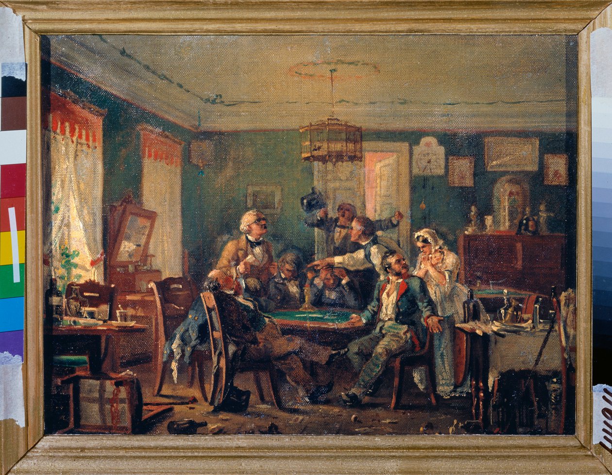 纸牌游戏--尼古拉-彼得罗维奇-彼得罗夫（1834-1876 年）的绘画，布面油画，约 1850 年--19 世纪俄罗斯艺术--圣彼得堡俄罗斯国立博物馆 作者 尼古拉·彼得罗维奇·彼得罗夫
