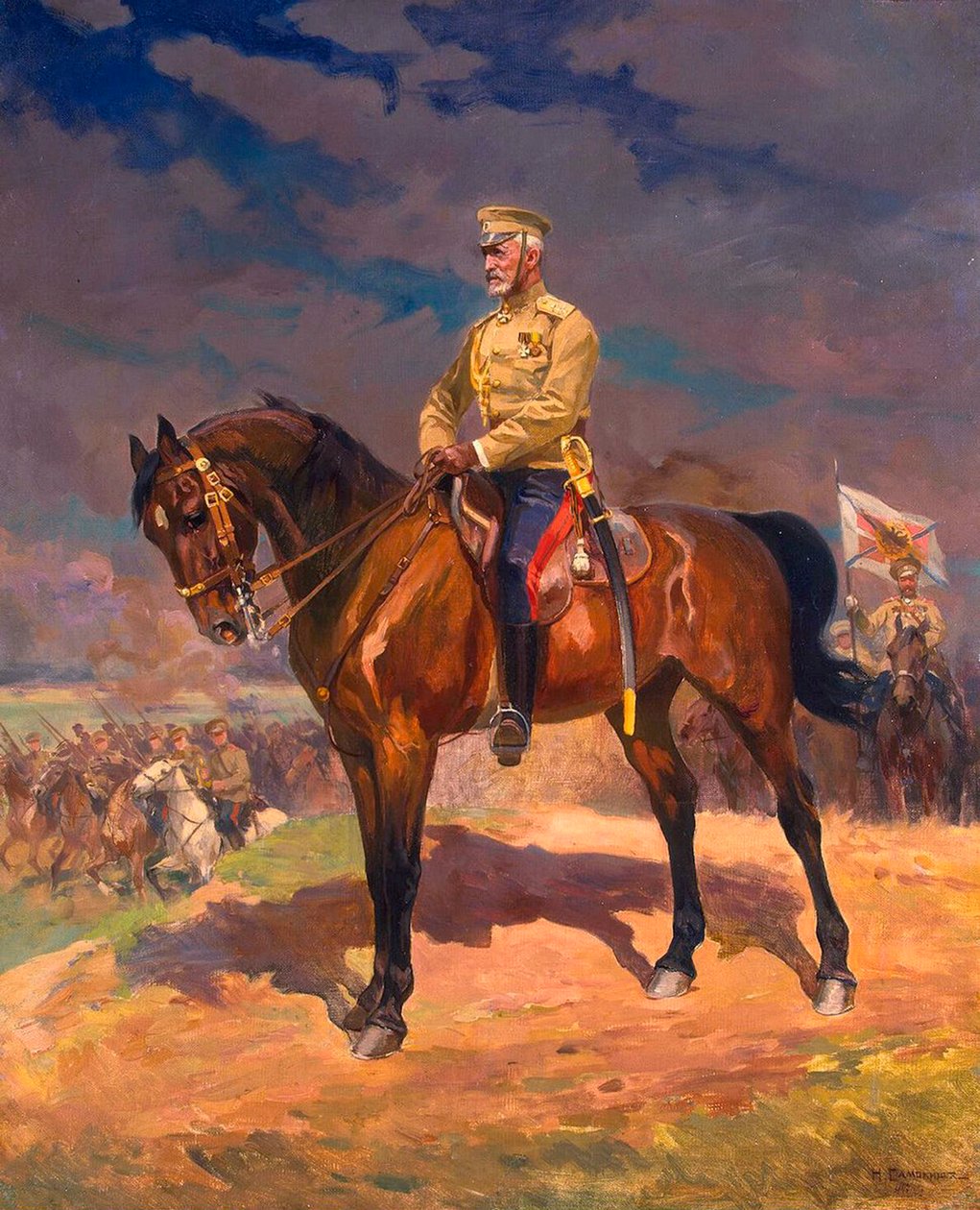 尼古拉-尼古拉耶维奇大公1856-1929年在马背上的画像，1910年代。   作者 Nikolai Semyonovich Samokish