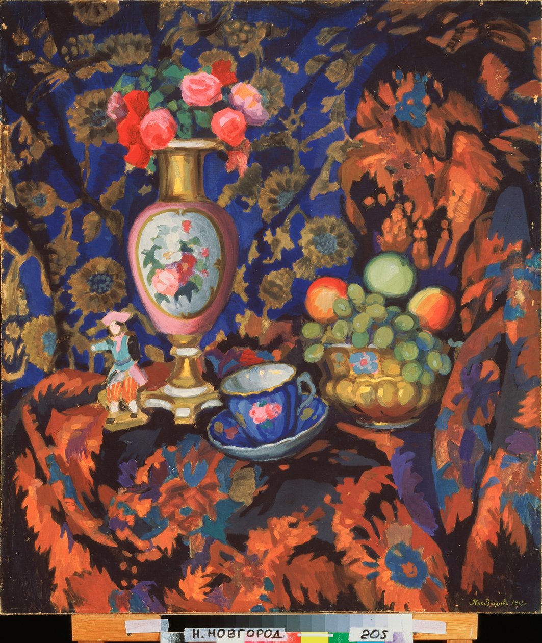 瓷器与花朵的静物 - 尼古拉-谢苗诺维奇-扎伊采夫（1885-1938 年）的作品，纸板上的钢笔画 作者 尼古拉·谢苗诺维奇·扎伊采夫