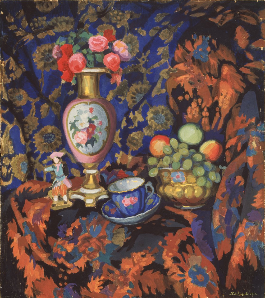 瓷器和花的静物画，1913年 作者 尼古拉·谢苗诺维奇·扎伊采夫