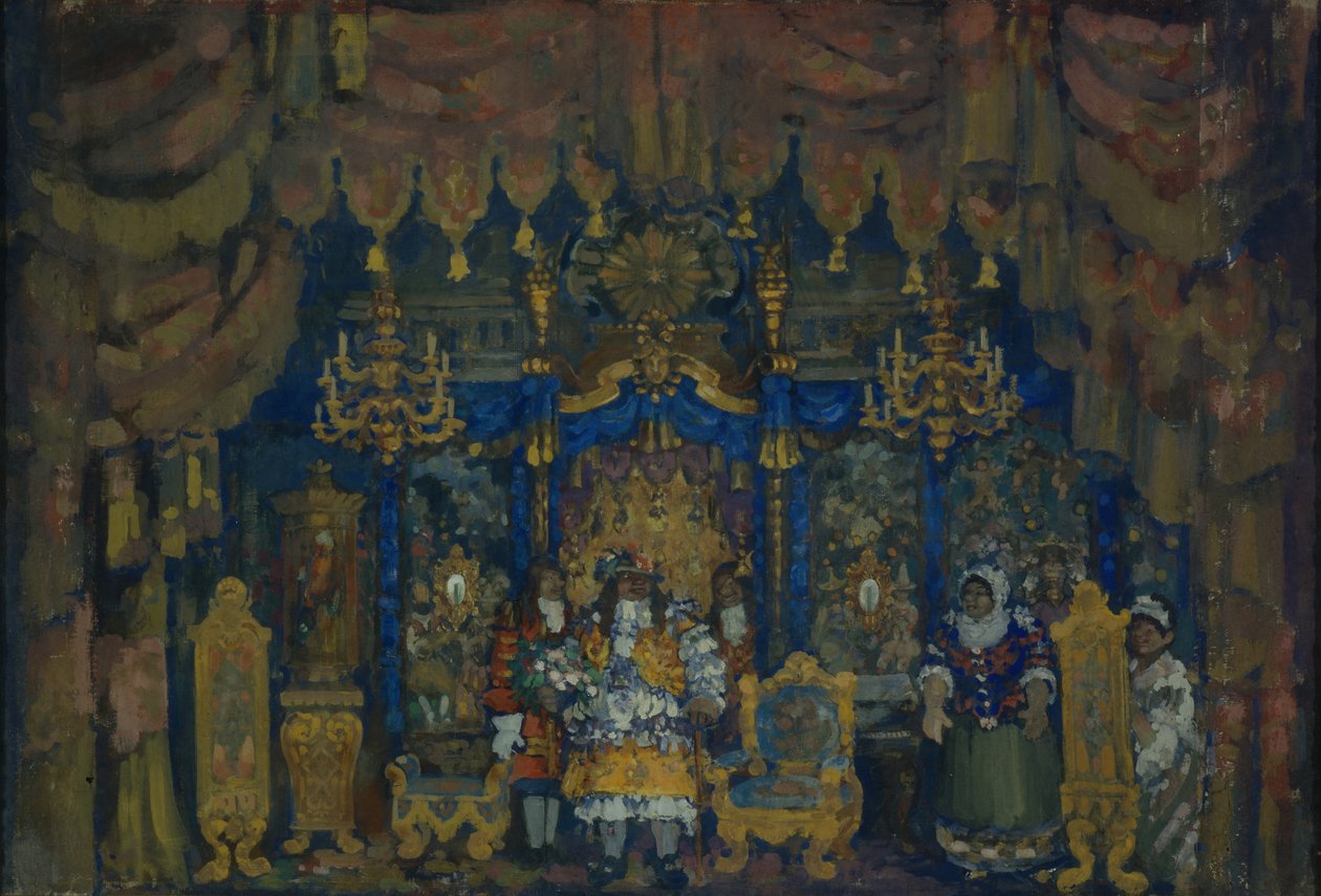 Jourdains房间。 J.-B.戏剧剧本《贵族的资产阶级》的舞台设计。莫里哀，1911年 作者 尼古拉·尼古拉维奇·萨普诺夫