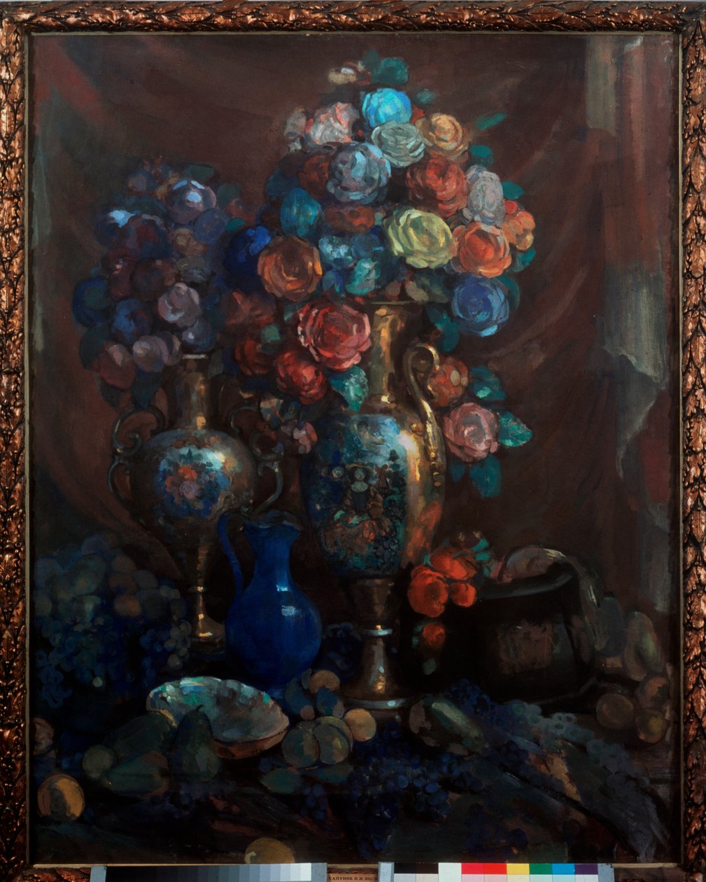 Nature morte (Vases, fleurs et fruits) - Still life (Vases, flowers and fruit) - Oeuvre de Nikolai Nikolayevich Sapunov (Sapounov) (1880-1912), tempera sur toile 作者 尼古拉·尼古拉维奇·萨普诺夫