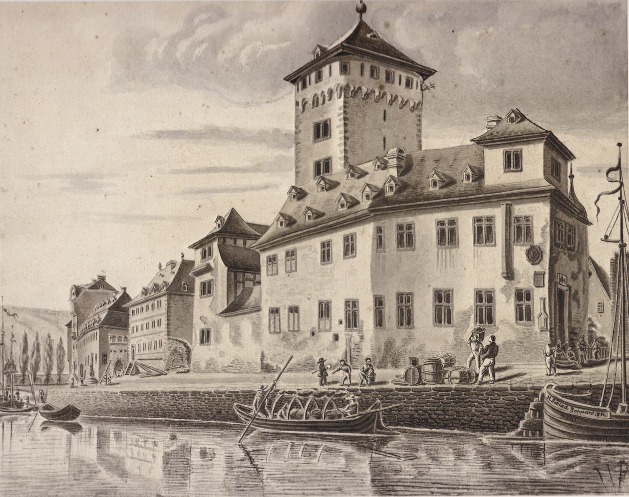 城堡 -  1854年左右Boppard选举城堡的莱茵河前面 作者 尼古拉斯·施拉德（Nikolaus Schlad）