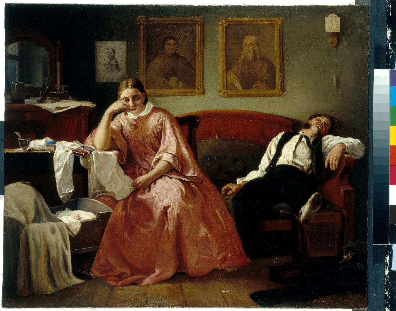 Le premier mois (scene de la vie familiale, un jeune couple fatigue se morfond près du cerceau de leur beeb) (On the first of the month) - 尼古拉-安德烈耶维奇-科舍廖夫（1840-1918 年）的绘画，布面油画（61.4x73.6 厘米） - 国立特列季亚科夫画廊，莫斯科 作者 尼古拉·安德烈耶维奇·科舍列夫