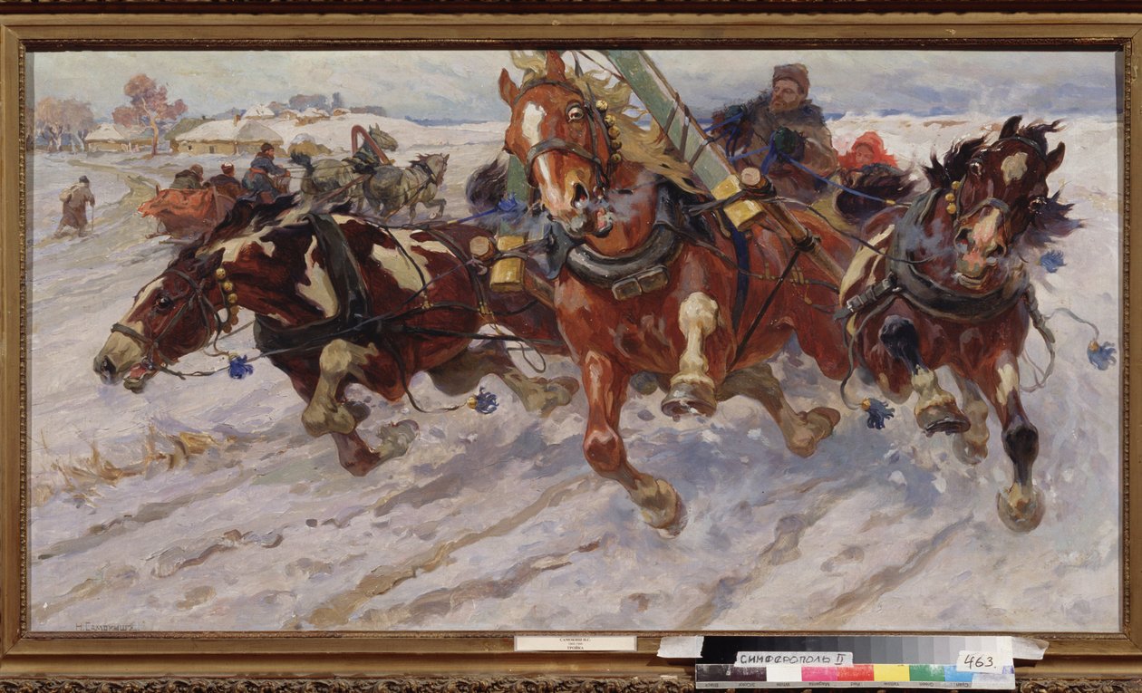 三驾马车（三匹马雪橇）。尼古拉-谢苗诺维奇-萨莫基什（1860-1944 年）的画作，布面油画 作者 尼古拉·塞梅诺维奇·萨莫克什