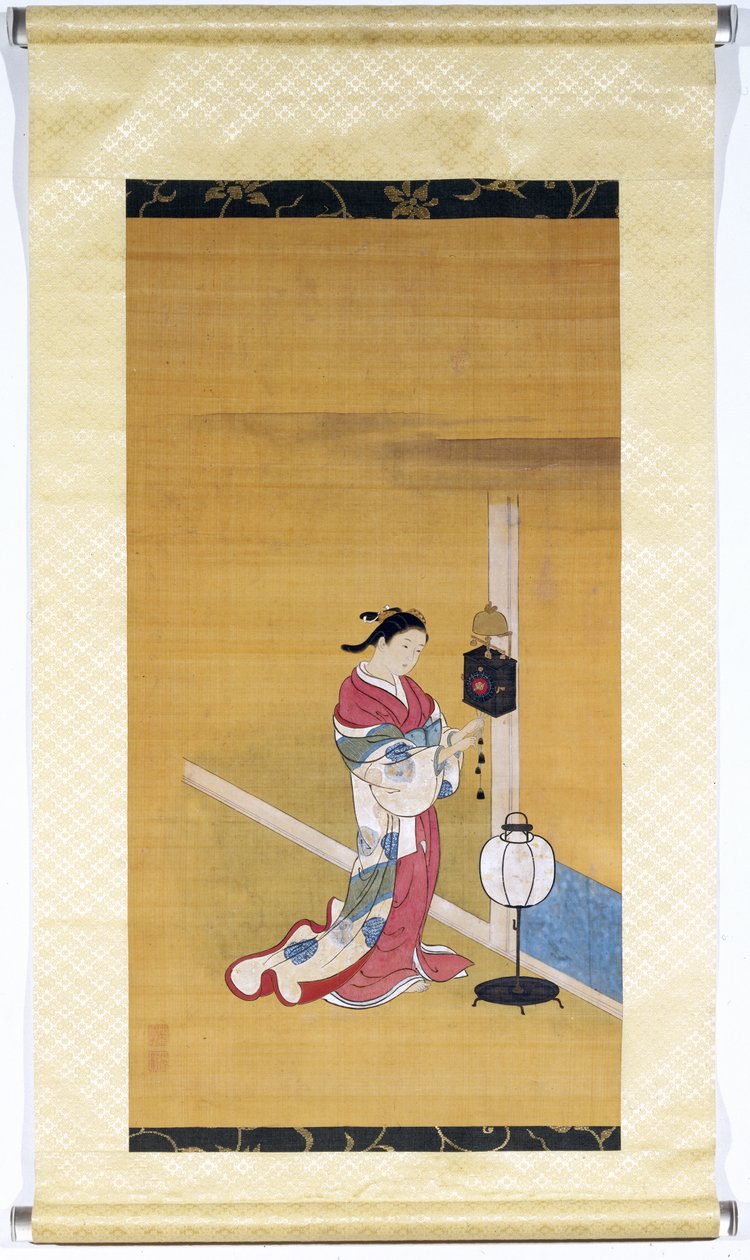 日本女人清理挂钟，江户时代（1600-1868）1700-50（彩绘丝绸） 作者 西川助信