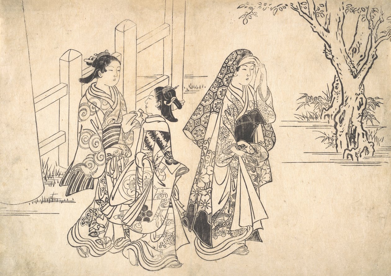 一个宫女后面跟着两个女侍者，约1690-1751年。 作者 西川助信