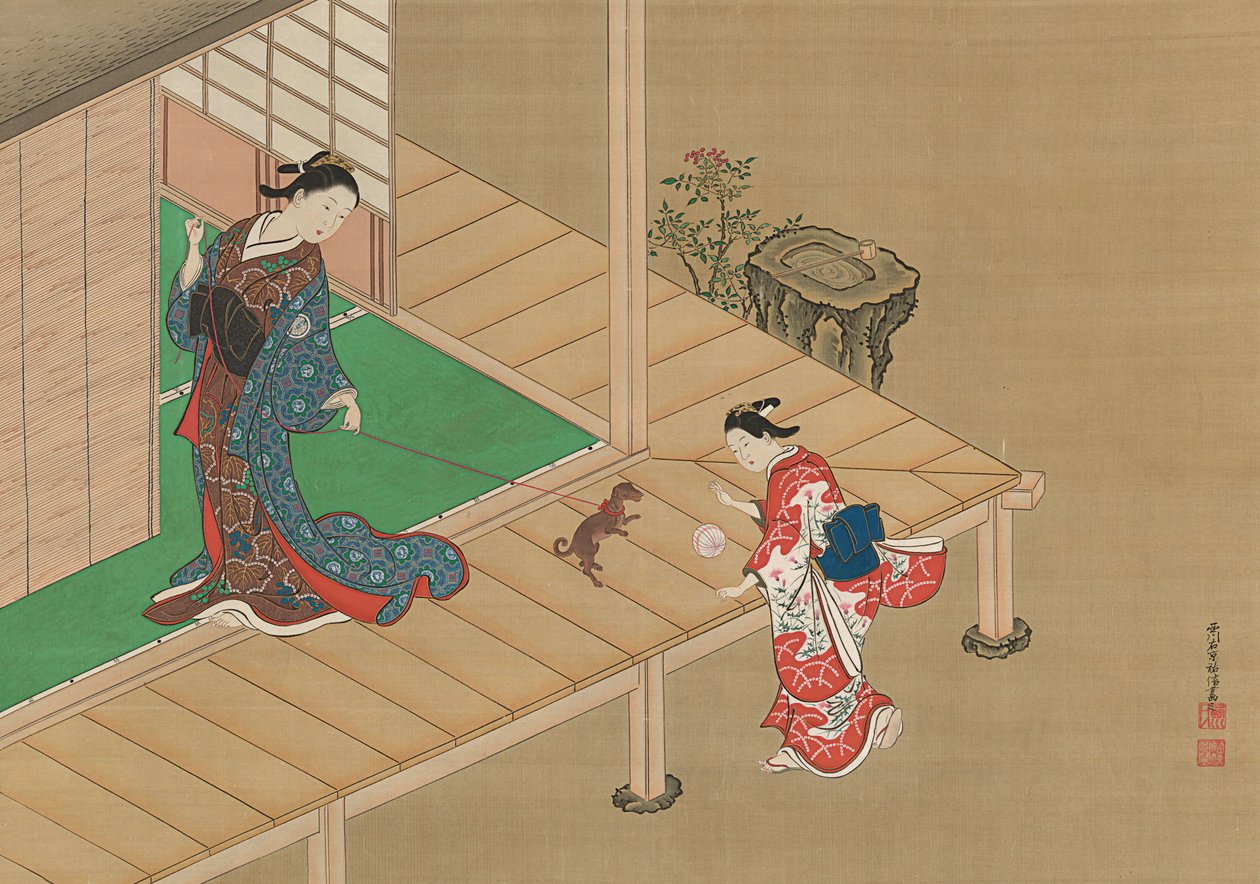 妓女和服务员和狗一起玩，ca。 1716-1736。 作者 西川助信
