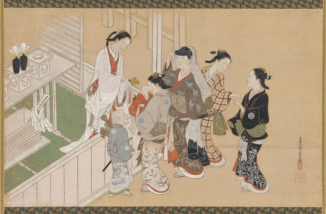 婴儿第一次访问神道的神社，江户时期，17世纪末至18世纪初。 作者 西川助信