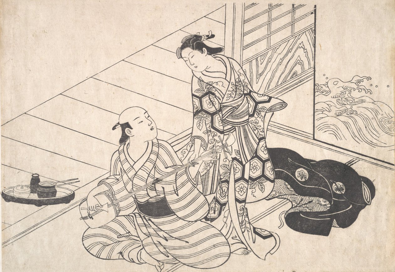 女士打断了正在弹奏三味线的爱人。 作者 西川助信