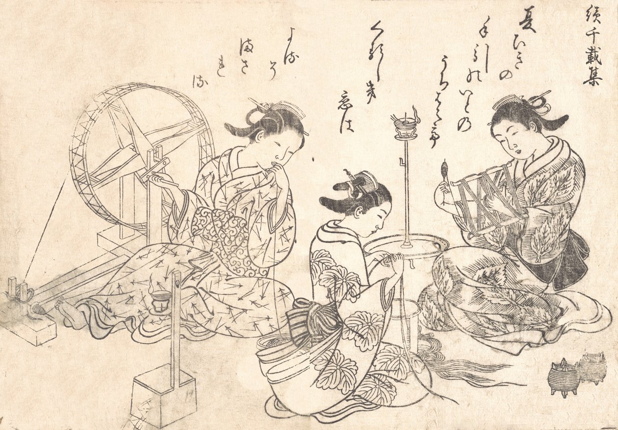 三位宫女在编织丝绸。 作者 西川助信