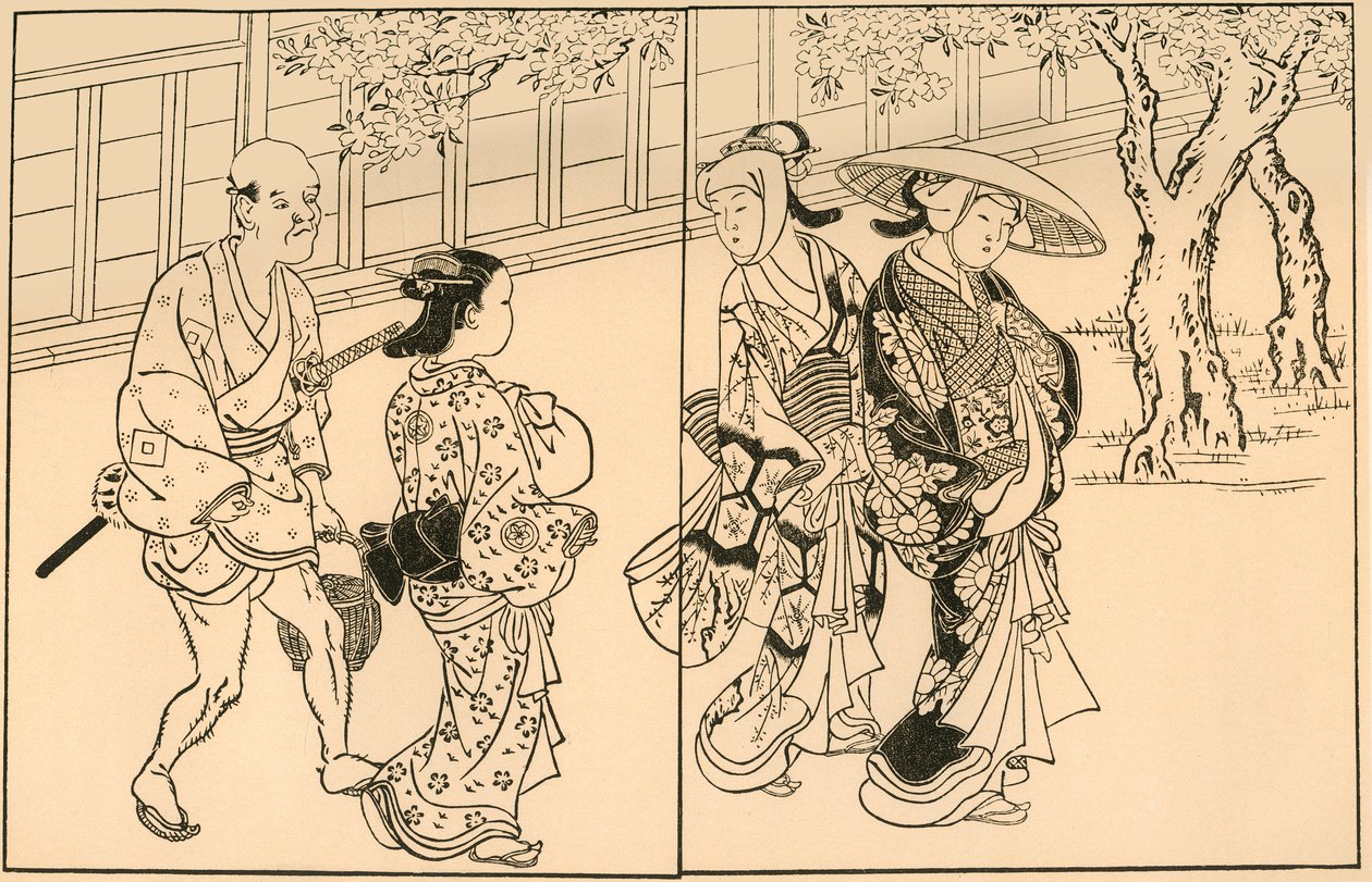 1930年，三女和男仆，1730年。 作者 西川助信
