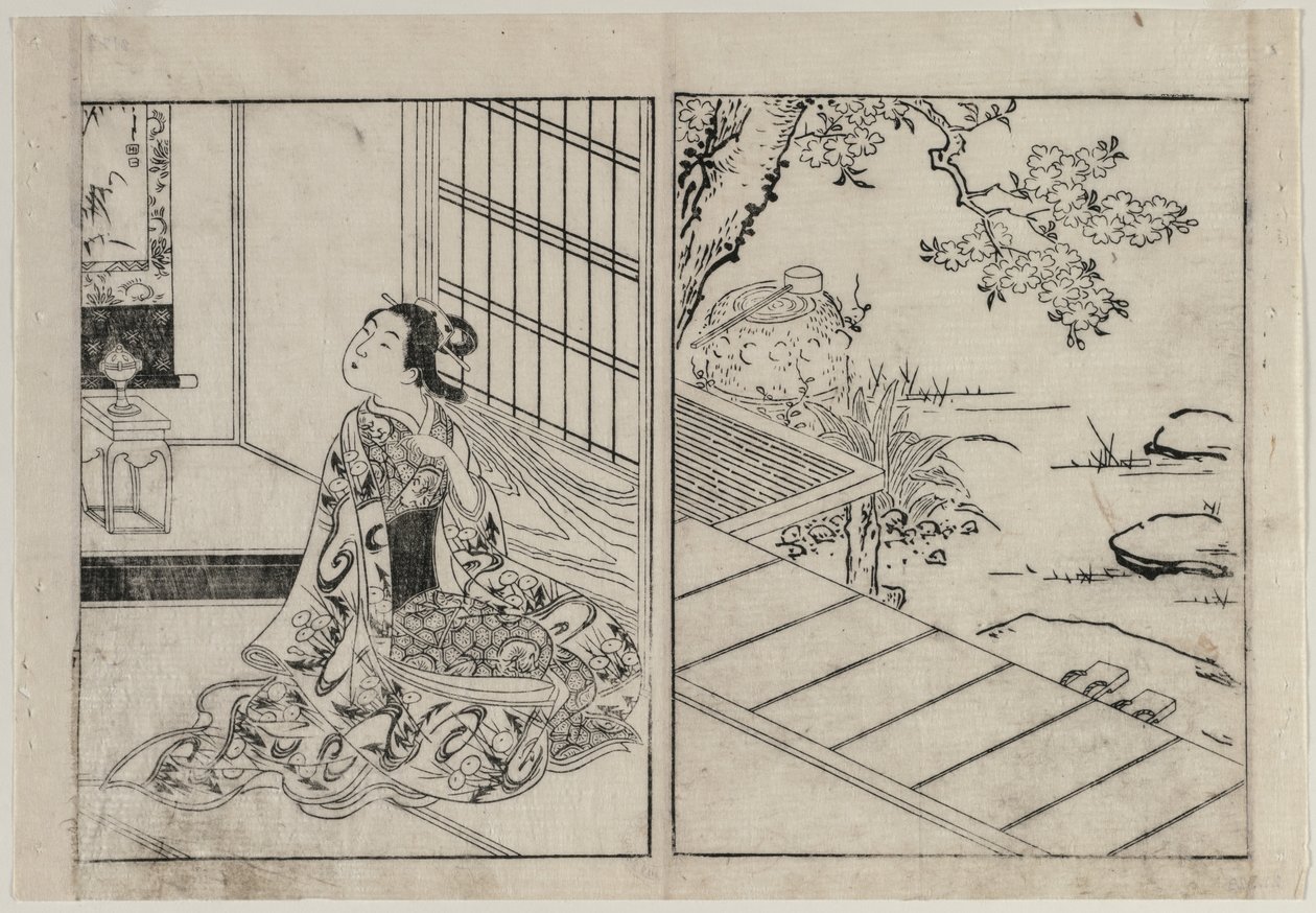 看悬挂纸卷的妇女，c。 1740年代。 作者 西川助信