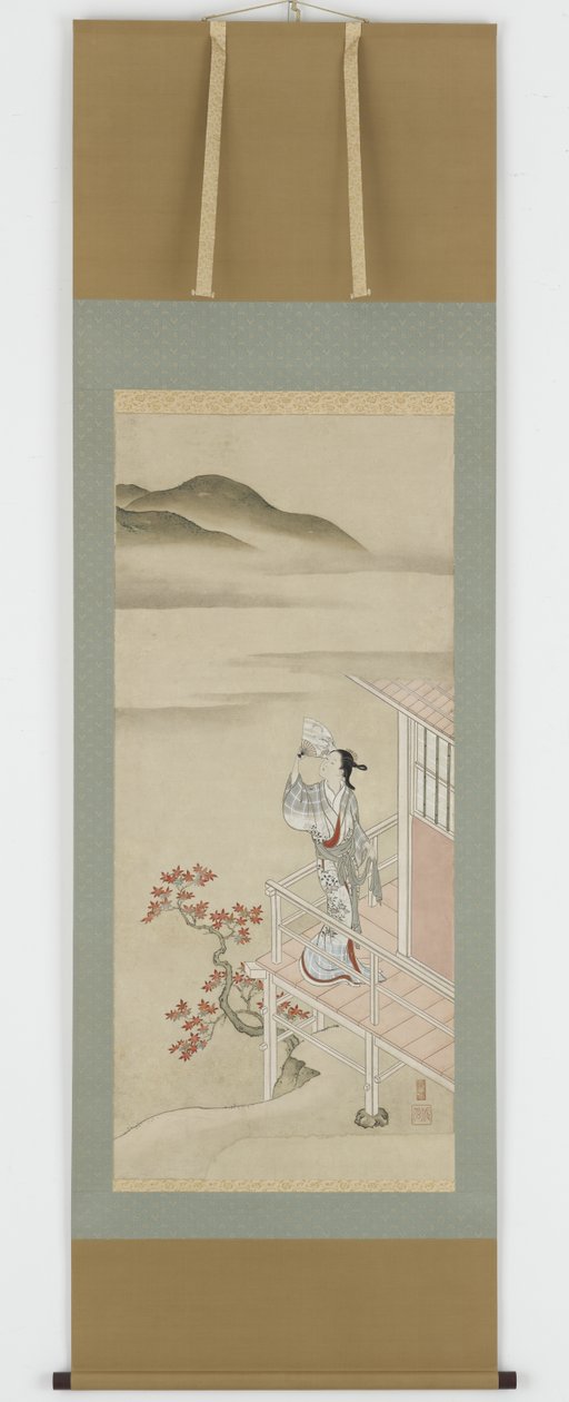 风扇在阳台上欣赏枫树，挂轴，17-18世纪（墨水和纸上的颜色）的年轻女子 作者 西川助信