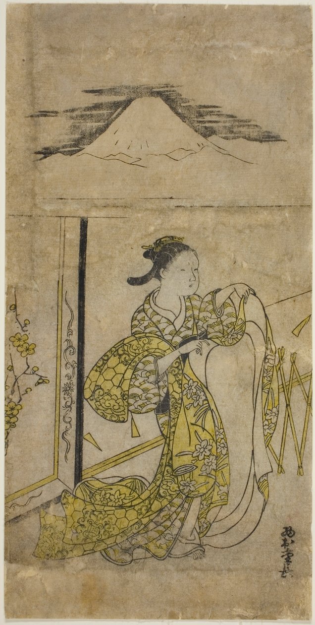 手持和服的女子，头顶富士山 作者 西村重永