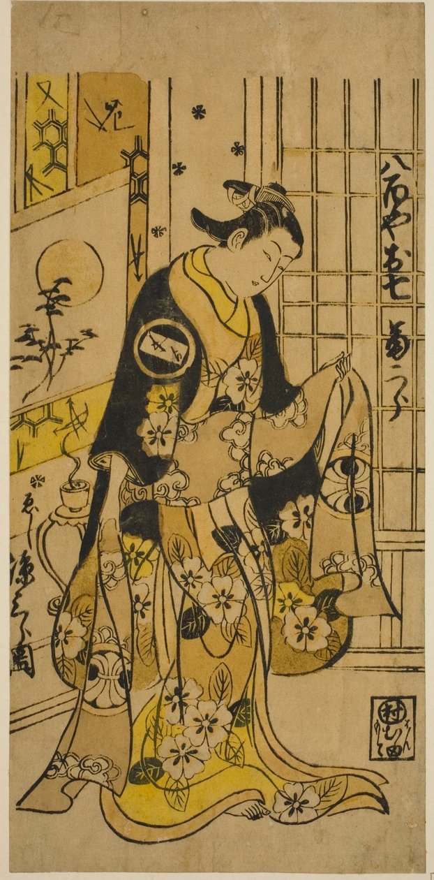 1732 年 3 月在市村剧场上演的话剧《曾我庄严》中饰演大七的演员濑川菊次郎（Segawa Kikujiro I）。 作者 西村重信