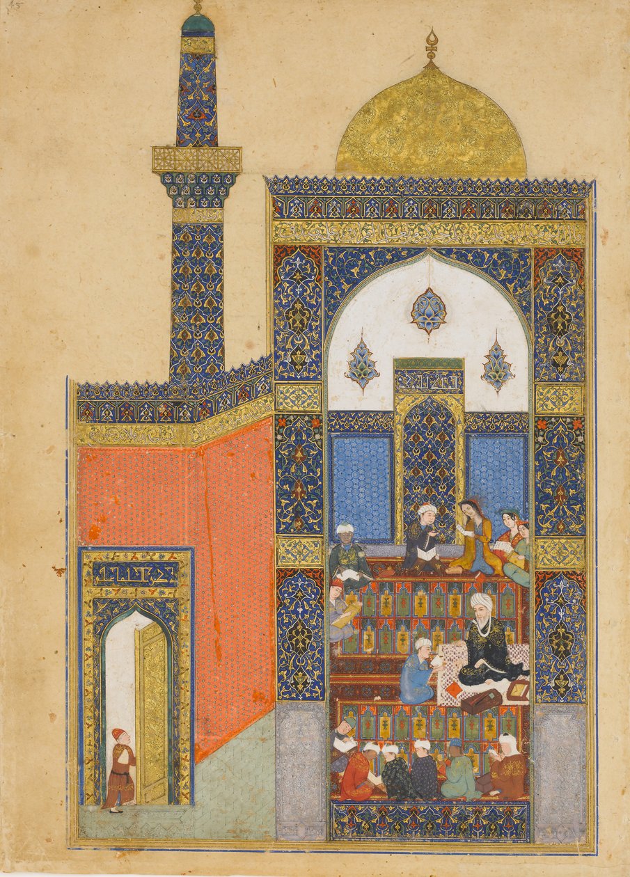 Laila和Majnun在学校，Nizami的Khamsa五重奏的对开本，A.H. 835 A.D. 1431-32。 作者 尼扎米