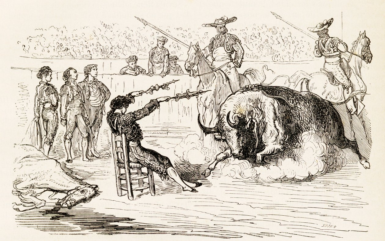 西班牙Banderillero放置Banderillas，坐在椅子上，1878年（木刻） 作者 诺埃尔·尤金·索恩