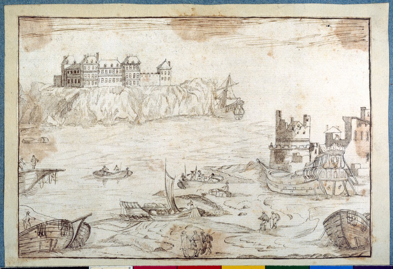 A castle surmounting cliffs, with studies of galleons and fishing boats (pen & brown ink on paper) 作者 诺埃尔·加斯林