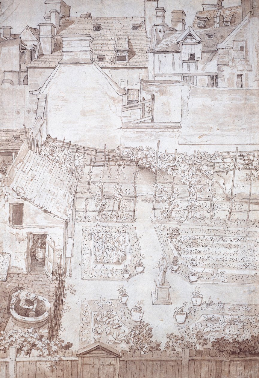 一座联排别墅的花园，有花坛和藤蔓凉棚，被建筑物包围，约 1677 年（钢笔和棕色墨水带棕色水洗） 作者 诺埃尔·加斯林