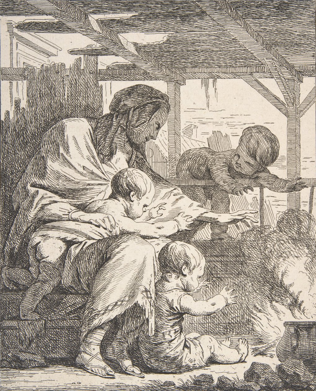 家庭在火边取暖，18世纪。 作者 诺埃尔·哈勒（Noel Halle）