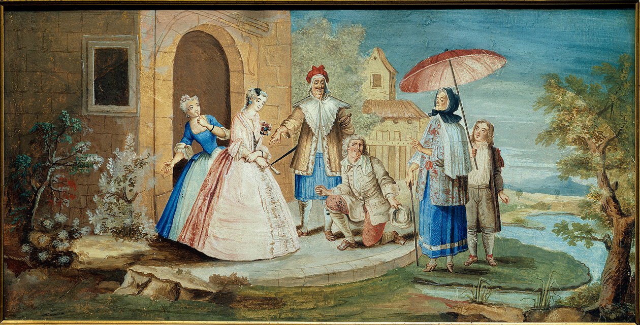 喜剧演员和剧作家Jean Baptiste Poquelin dit Moliere（单膝跪地）和他的喜剧演员在1668年的作品《Georges Dandin ou le mari confused》中。圣诞画科伊佩尔（1628-1707）1668年收藏雅克-洛尔西 作者 诺埃尔·科佩尔