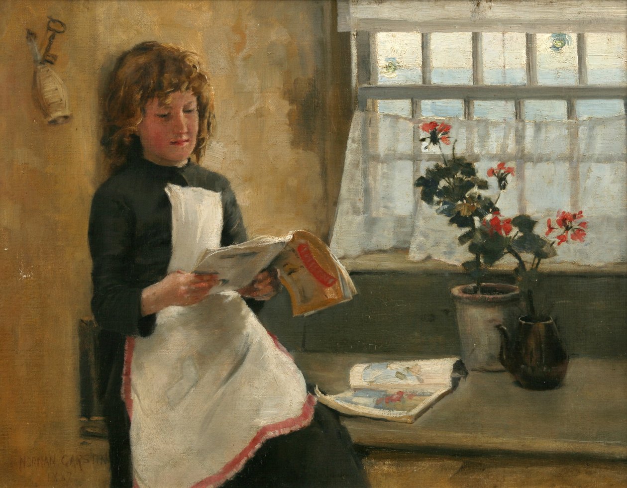 女孩在一个村庄窗口里，1887年 作者 诺曼·加斯汀