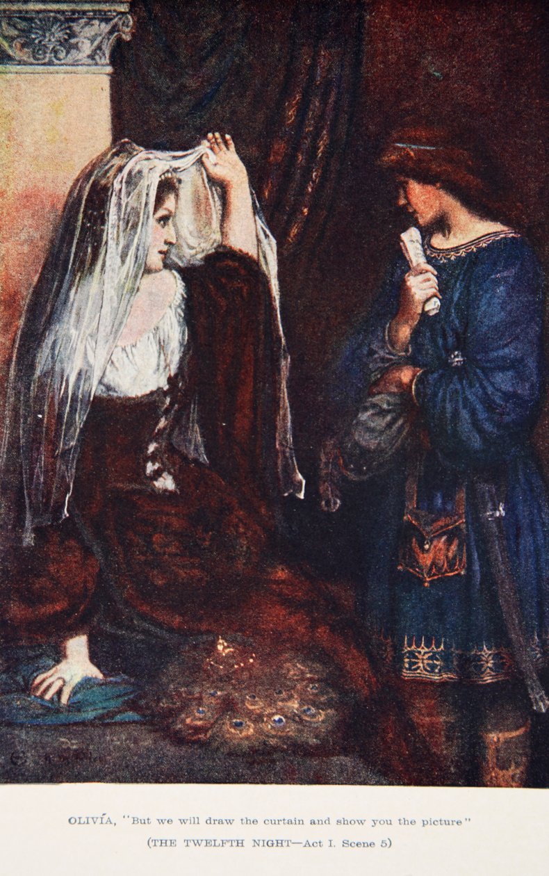 但我们会拉上窗帘，让你们看到这幅画"，《第十二夜》，第一幕第五场，插图选自查尔斯和玛丽-兰姆的《莎士比亚的故事》。 作者 诺曼米尔斯（后）价格