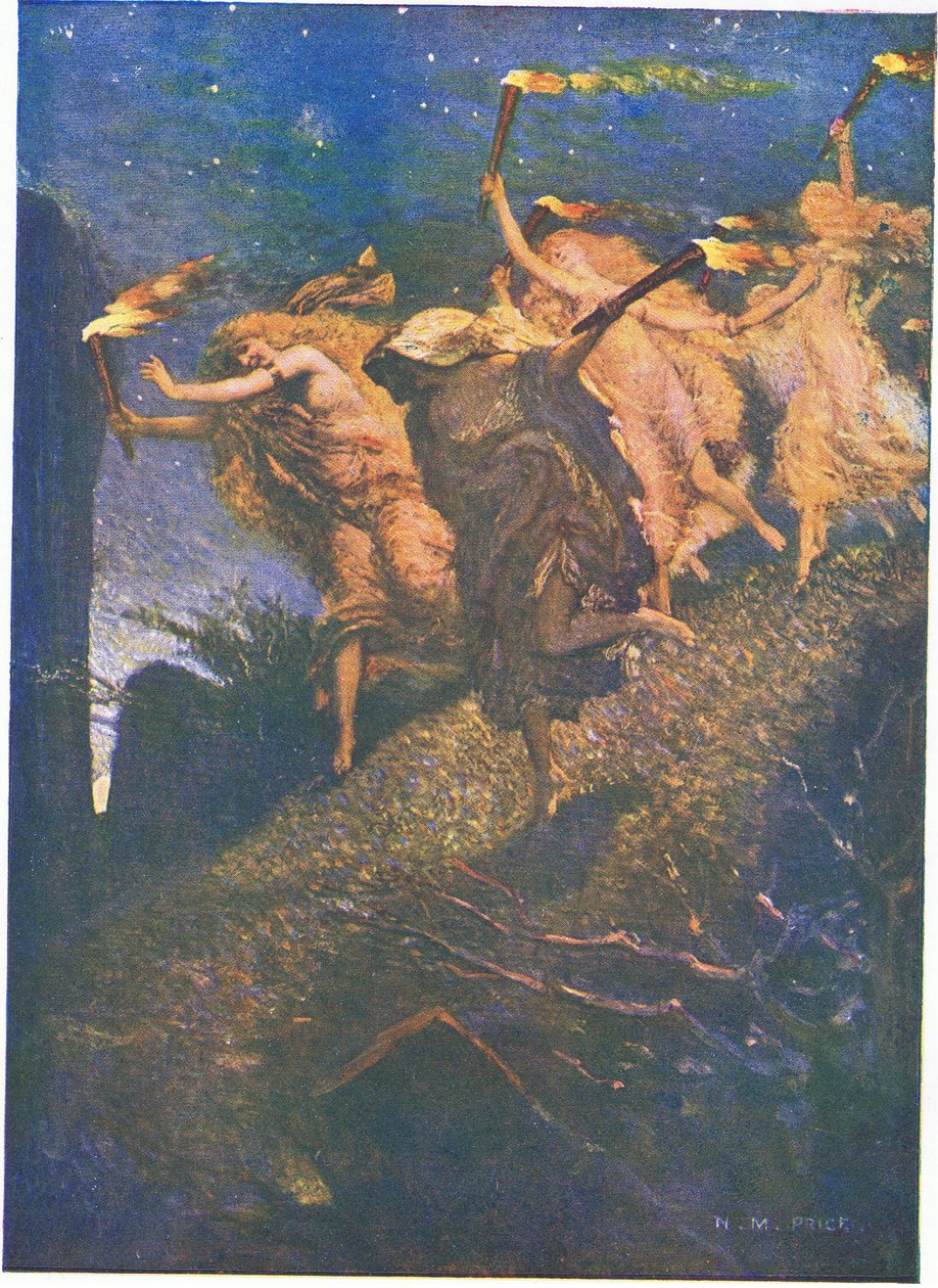 第一个沃尔普吉斯之夜：“穿过阴暗，引领并跟随，进出每个岩石空洞”（彩色平版印刷） 作者 诺曼米尔斯价格