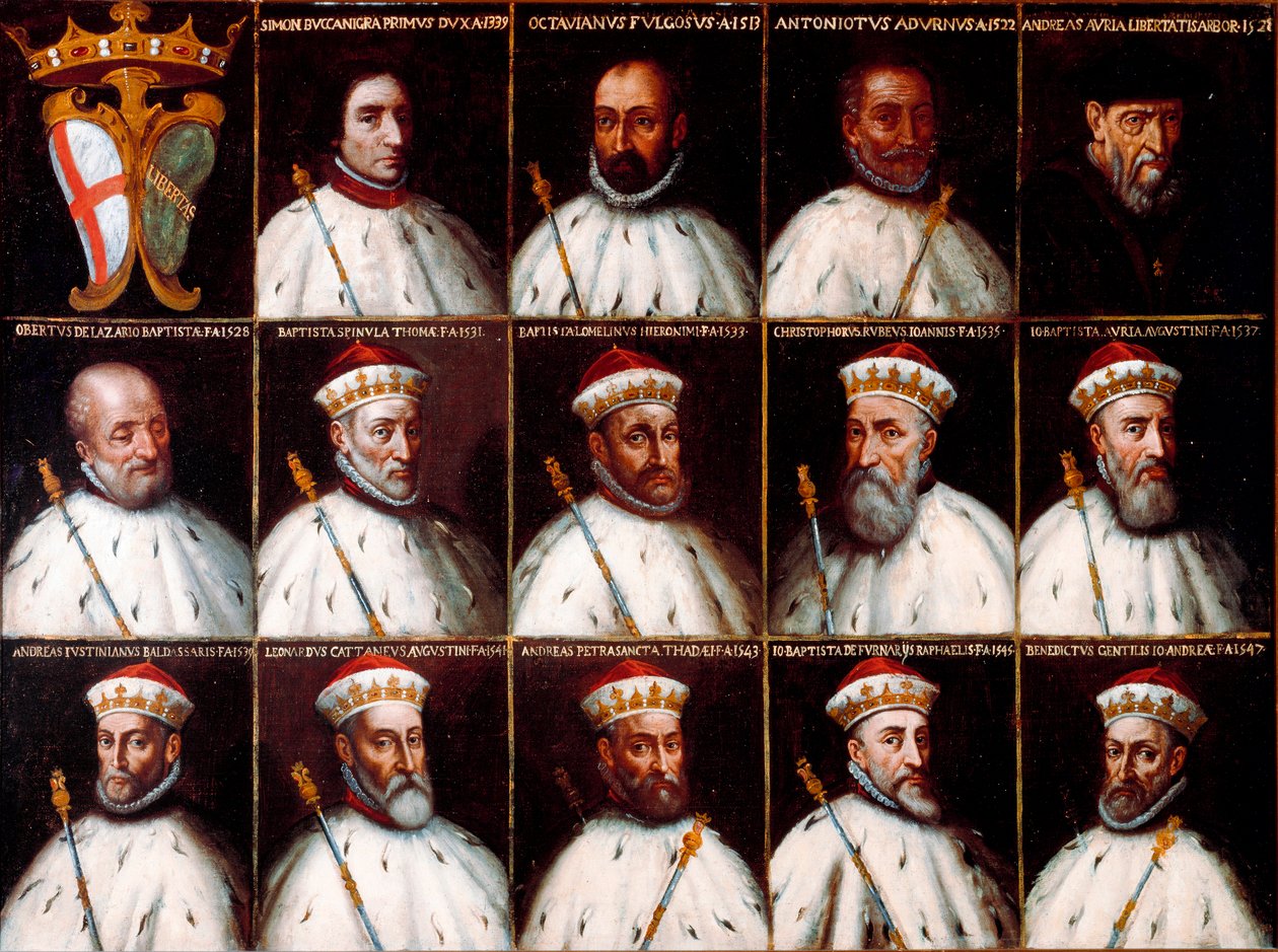 Coat of arms of the Republic of Genes and portraits of the Doges - Simone Boccanegra, Ottaviano Fregoso e Antoniotto II Adorno; Andrea Doria. Oberto Cattaneo Lazzari, Battista Spinola, Battista Lomellini, Cristoforo Grilaldi Rosso, Giovanni Battista Doria  作者 北意大利学校