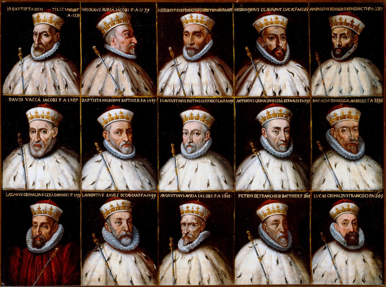 热那亚共和国的国徽和总督的画像。Gio Battista Gentile Pignolo, Nicolò Doria, Gerolamo De Franchi Toso, Gerolamo Chiavari, Ambrogio Di Negro, Davide Vacca（或Vaccari）, Battista Negrone, Gio Giustiniani Campi, Antonio Grimal 作者 北意大利学校
