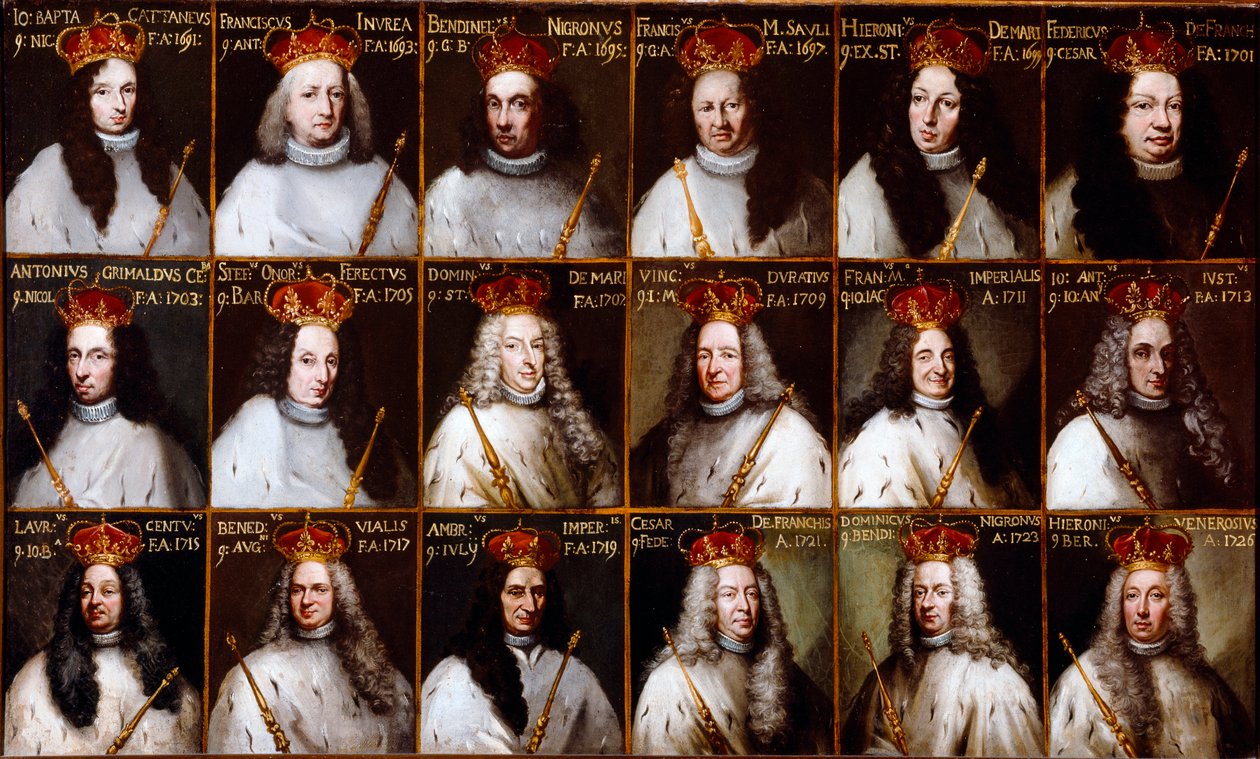 热那亚共和国的国徽和总督的画像。Giovanni Battista Cattaneo, Francesco Invrea, Negrone Bendinelli, Francesco Maria Sauli, Girolamo De Mari, Federico De Franchi, Antonio Cebà Grimaldi, Onorato Stefano Ferreti, Domenico De Ma 作者 北意大利学校