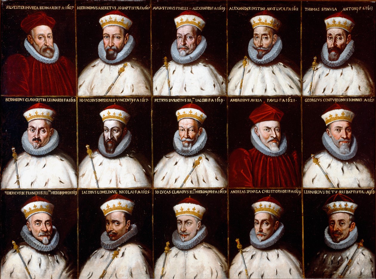 Coat of arms of the Republic of Genes and portraits of the Doges. Silvestro Invrea, Gerolamo Assereto, Agostino Pinello Luciani, Alessandro Giustiniani Longo, Tomaso Spinola, Clavarezza Bernardo, Giovanni Giacomo Imperiale (Tartaro), Pietro Durazzo, Ambrog 作者 北意大利学校