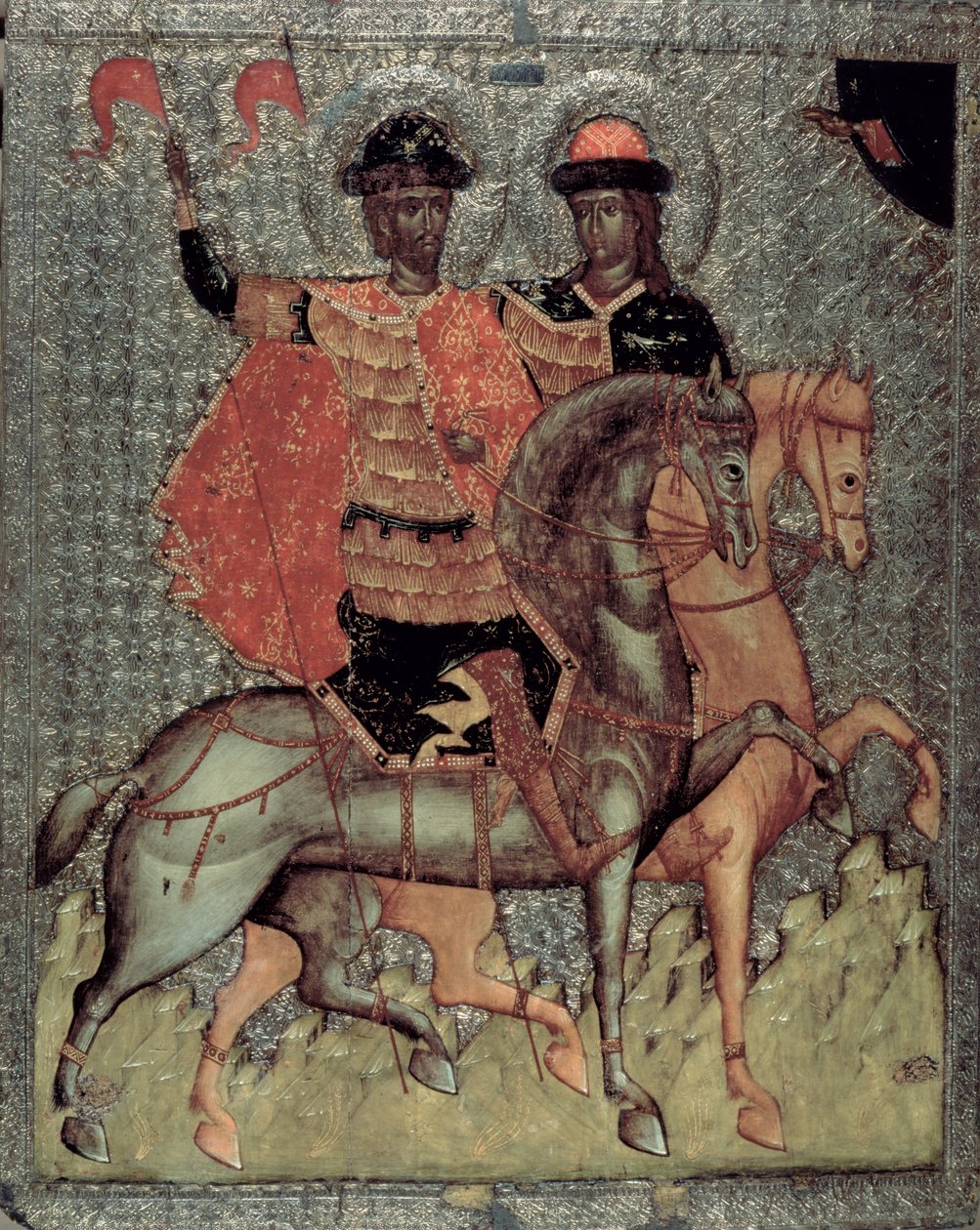 St. Boris和St. Gleb Mounted，c.1377（面板上的蛋彩画） 作者 诺夫哥罗德学校